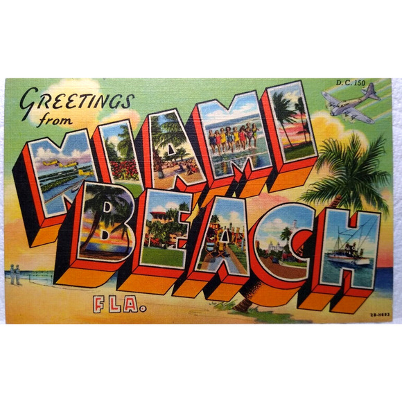 Greetings From Miami Beach Florida Large Letter Linen Postcard Curt Teich Plane - Picture 1 of 3